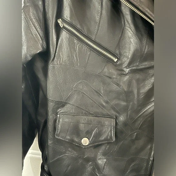 Vintage 90's Flight Path Leather Jacket Deadstock Moto Biker Patchwork Black XL